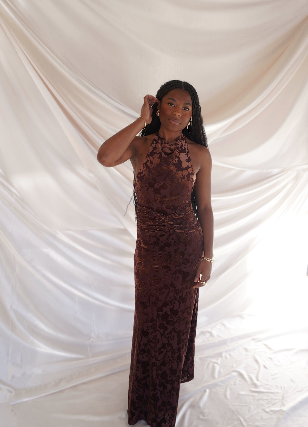brown velvet maxi dress Halter S comfortable feel video game Color:#47-Brown Botanica Tiered Maxi Dress