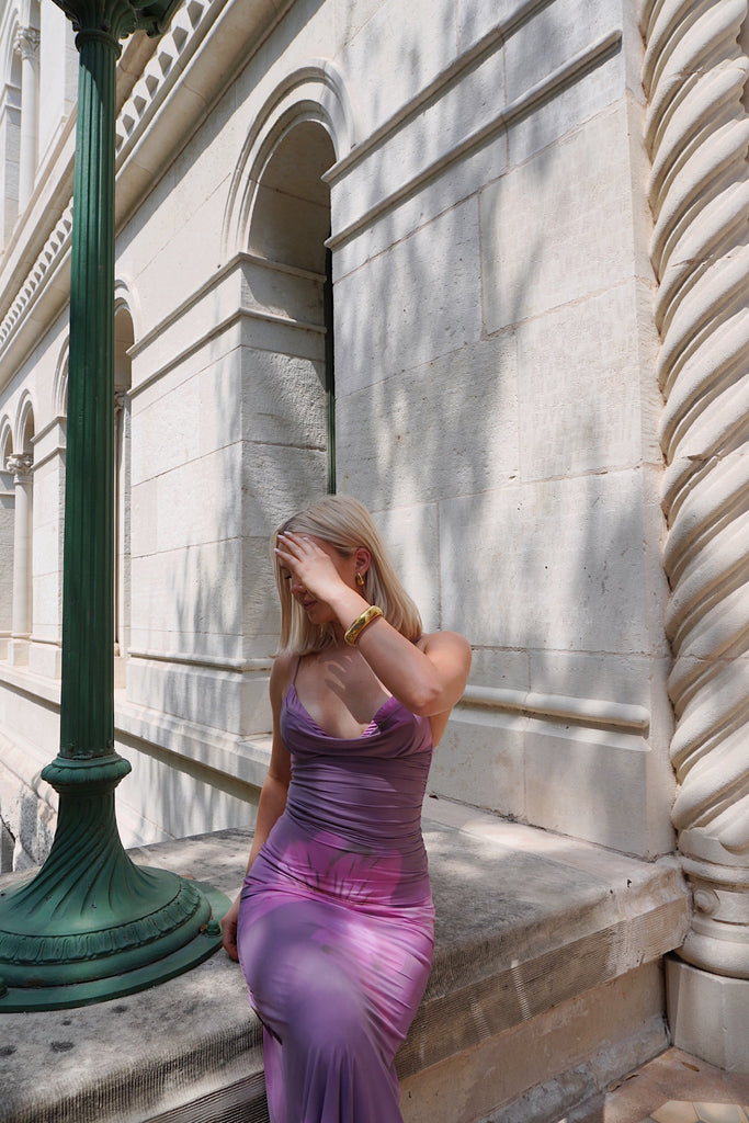 Floral Ruched Cowl Neck Maxi Dress in Purple