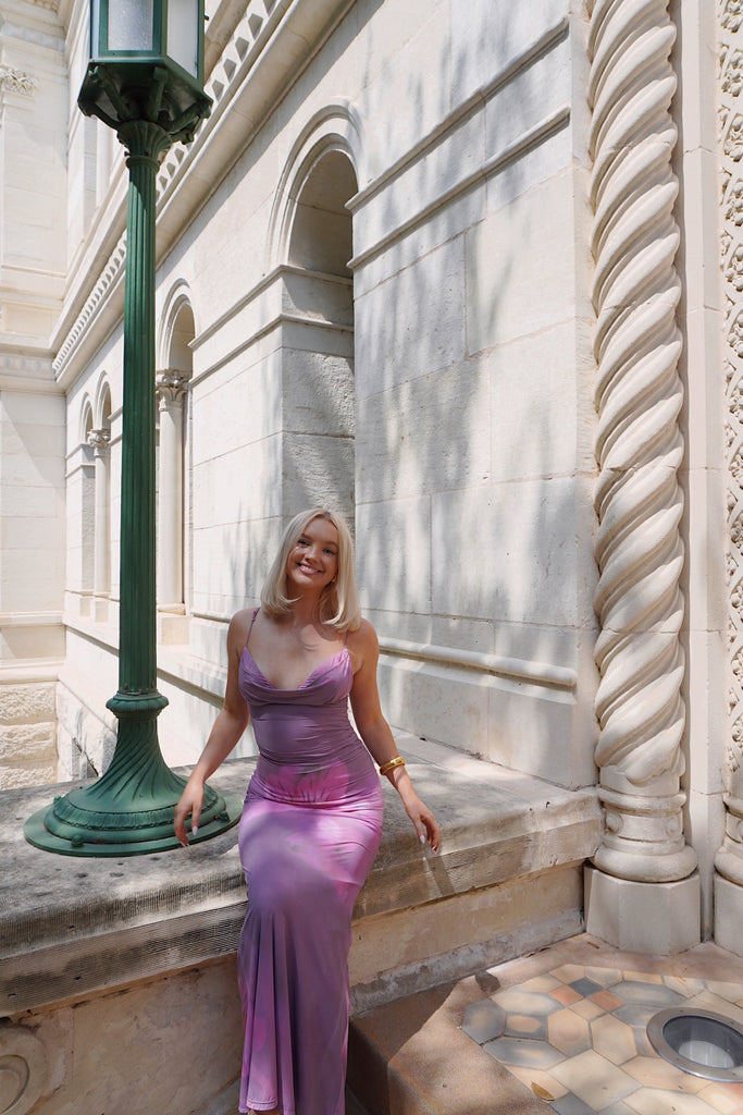 Floral Ruched Cowl Neck Maxi Dress in Purple