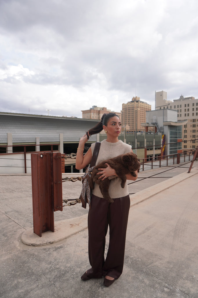 Brown Silk Wide-Leg Trousers