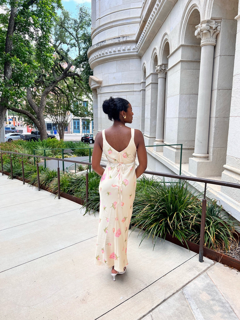 Yellow floral satin maxi dress