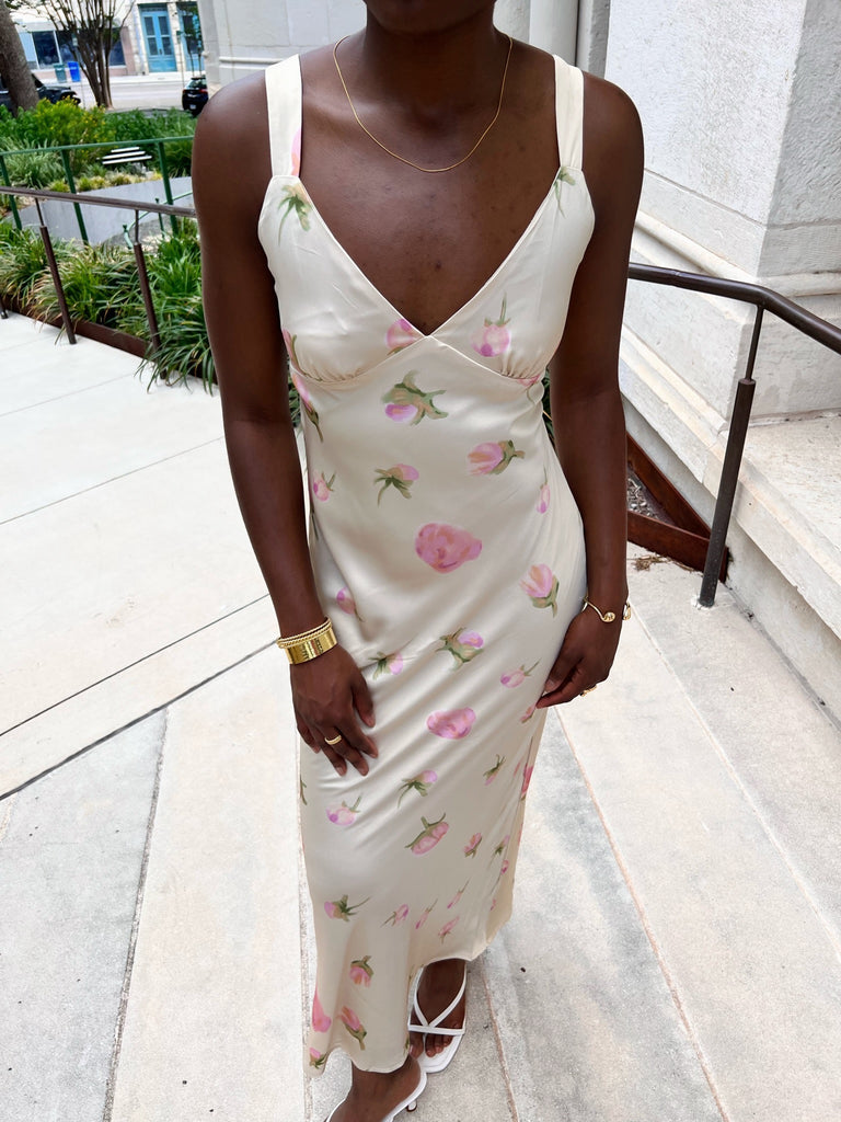 Yellow floral satin maxi dress