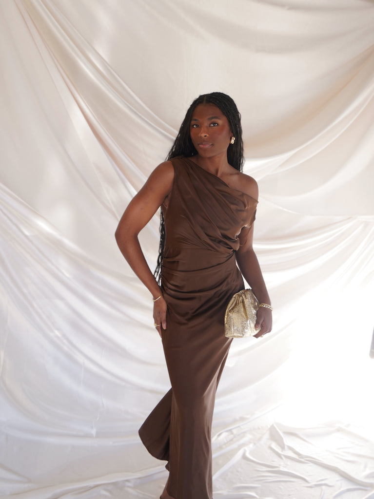 Cowl Neck Satin Dress Brown / M