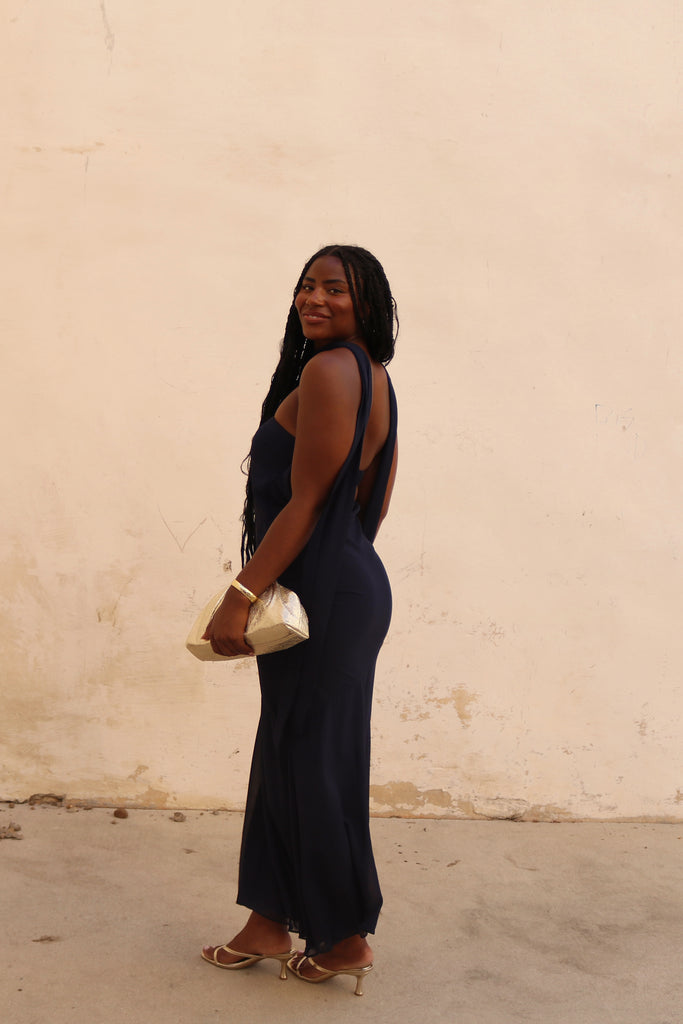 Navy Strapless Scarf dress