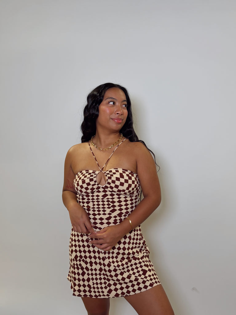 Brown Checkered Mini Dress Large Brown Checkered Mini Dress Large