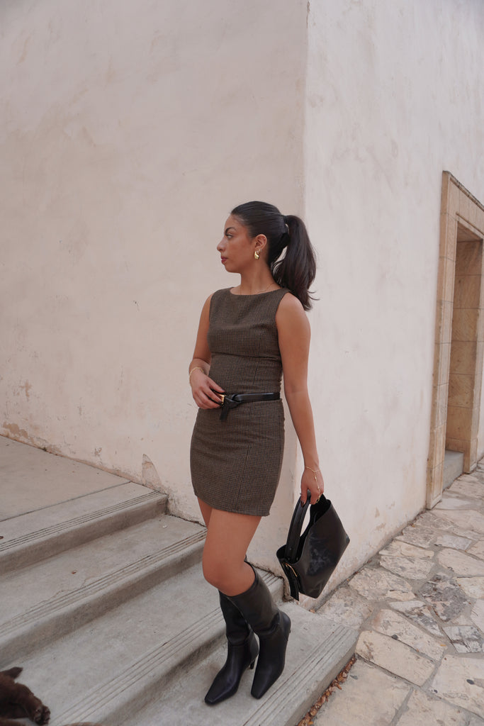 High-Neck Houndstooth Dress