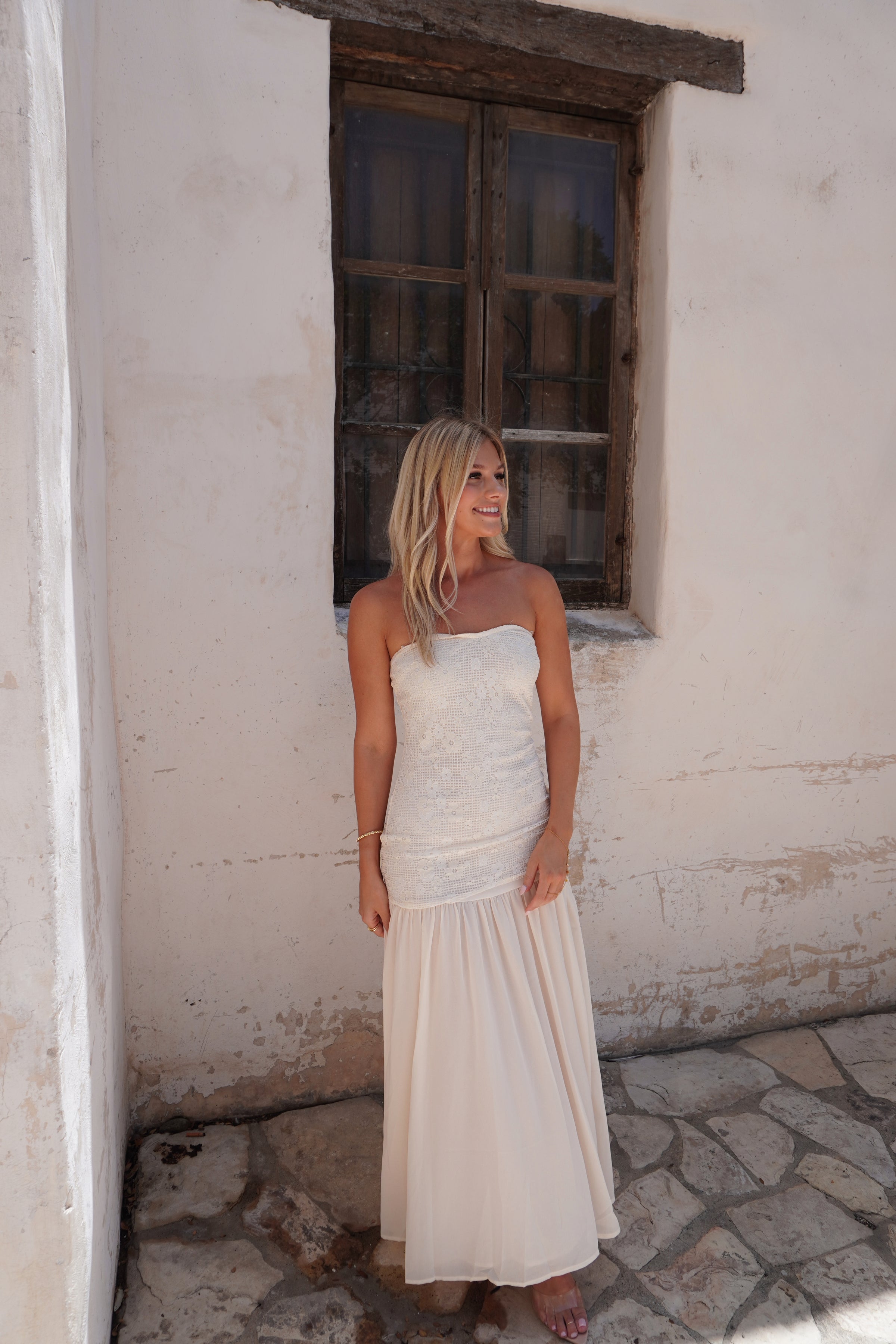 white christmas dresses Cream Strapless Maxi Dress