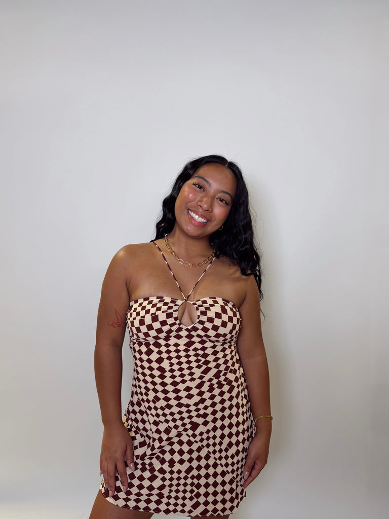 brown checkered mini dress Rihoas Lapel Collar Short Sleeve Gingham Cotton Button Front Pleated Skater A Line Mini Dress, Brown / M