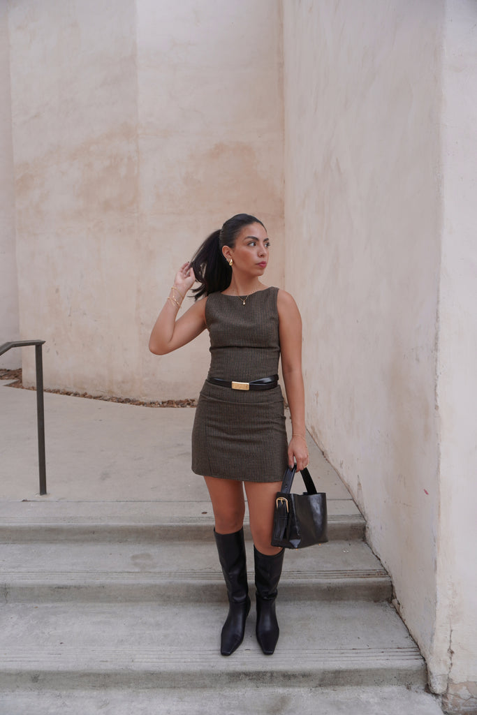 High-Neck Houndstooth Dress