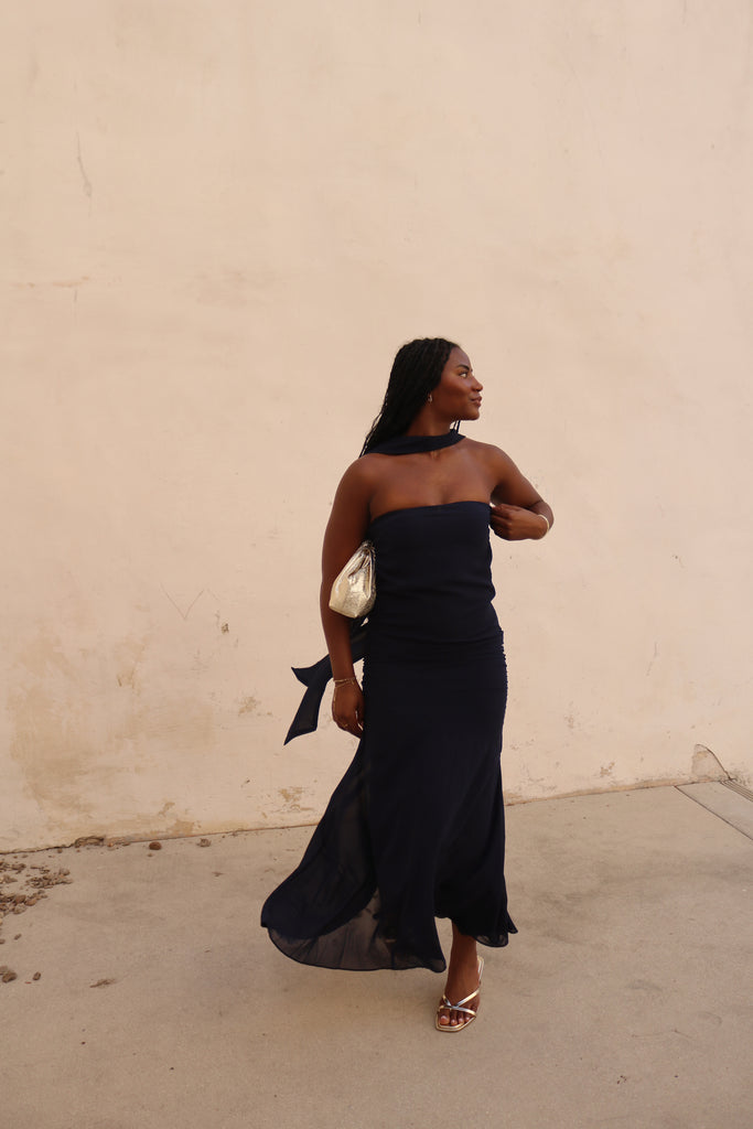 Navy Strapless Scarf dress